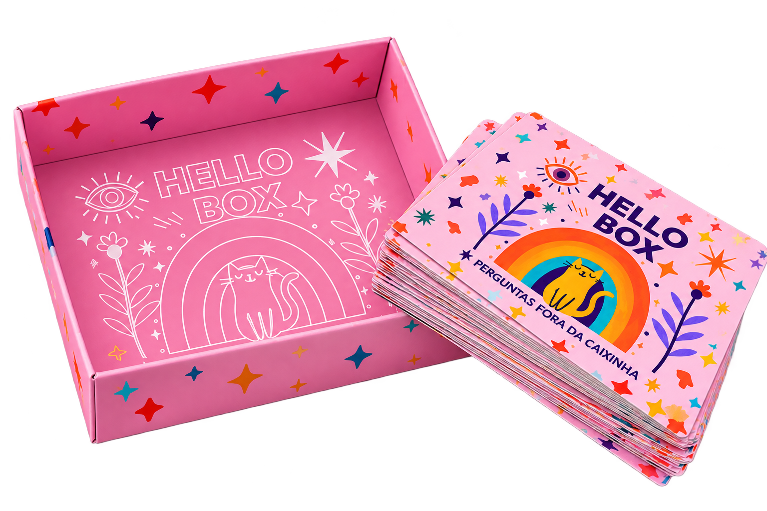 Hello Box real, com caixa aberta e cartas