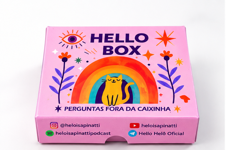Hello Box fechada, com embalagem rosa, ilustrações coloridas e o título Perguntas fora da caixinha